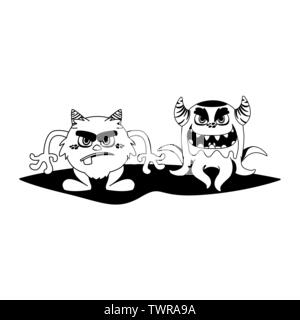 Lustige Monster paar komische Zeichen monochromen Vector Illustration Design Stock Vektor