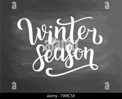 Winter, weißer Schrift Text auf schwarzen Brett Hintergrund, Illustration. Weiß Pinsel Kalligraphie für Logo, Einladung, Banner, Menü- und Postkarten. Stockfoto