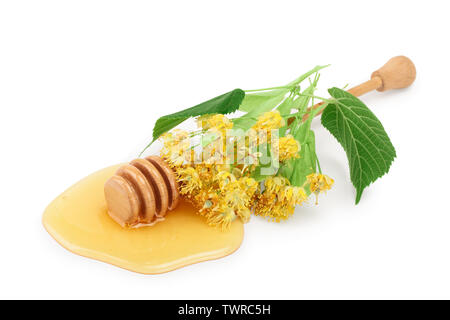 Honig mit Linden Blumen auf weißem Hintergrund Stockfoto
