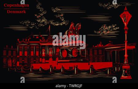 Schloss Amalienborg in Kopenhagen, Dänemark. Wahrzeichen von Dänemark. Vektor hand Zeichnung Abbildung in Rot auf schwarzem Hintergrund isoliert. Stock Vektor
