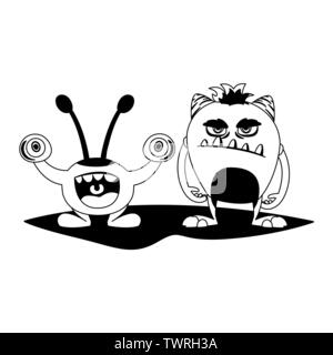 Lustige Monster paar komische Zeichen monochromen Vector Illustration Design Stock Vektor