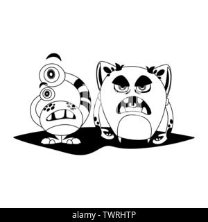 Lustige Monster paar komische Zeichen monochromen Vector Illustration Design Stock Vektor