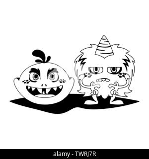 Lustige Monster paar komische Zeichen monochromen Vector Illustration Design Stock Vektor