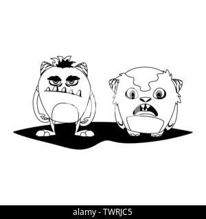 Lustige Monster paar komische Zeichen monochromen Vector Illustration Design Stock Vektor