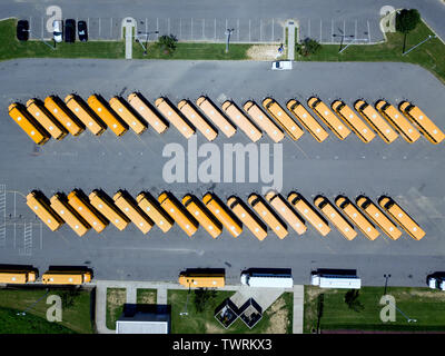 Eine Reihe von gelben öffentliche Schule Busse an einer Schule während der Sommerferien geparkt Stockfoto