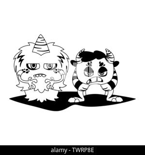 Lustige Monster paar komische Zeichen monochromen Vector Illustration Design Stock Vektor