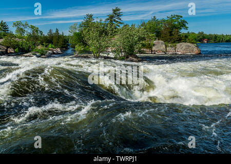 Burleigh Falls in Peterborough, Ontario, Kanada, zeigt Wasserfälle, Stromschnellen und rosafarbene Felsen Stockfoto