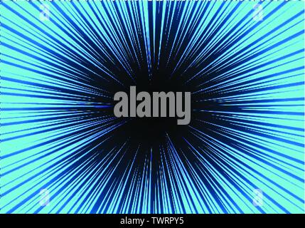 Abstrakte radial Zoom Geschwindigkeit blaue Linie auf Design in Schwarz für Cartoon comic Hintergrund Vector Illustration. Stock Vektor