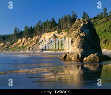 USA, Washington, Olympic National Park, Abendlicht auf Meer stack und erodiert, zerklüftete Küste; Blick nach Norden von Ruby Beach. Stockfoto