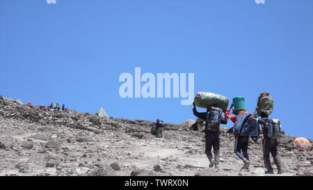 Mount Kilimanjaro/Tansania: 5. Januar 2016: Torhüter tragen Ausrüstung und Material zum Barafu Camp auf dem Berg Kiliimanjaro während einer Klettern expedition Stockfoto