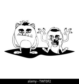 Lustige Monster paar komische Zeichen monochromen Vector Illustration Design Stock Vektor