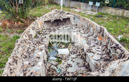 Mit Venusmuscheln alten Boot steht am Ufer bewachsen. Selektive konzentrieren. Stockfoto