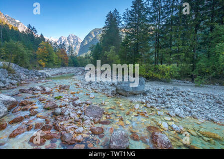 Niedriger Fluss Soca fließt in die slowenischen Alpen und Wälder. Herbst Laub im Wald, schöne Berge im Hintergrund. Stockfoto