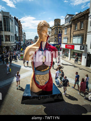 Eine sechs Meter hohe Damien Hirst bemalte Bronze Skulptur, Hymnus (1999, C 2005), steht im Zentrum der Stadt Leeds für die Eröffnung von Yorkshire Sculpture International, der größte britische eingeweiht Skulptur Festival. Stockfoto