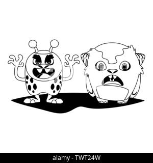 Lustige Monster paar komische Zeichen monochromen Vector Illustration Design Stock Vektor