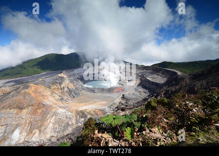 Caldera mit Kratersee und Dampf steigt. Vulkan Poas, Nationalpark Vulkan Poas, Costa Rica Stockfoto