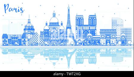 Übersicht Paris Frankreich Skyline der Stadt mit blauen Gebäude und Reflexionen. Vector Illustration. Business Travel und Konzept mit historischer Architektur. Stock Vektor