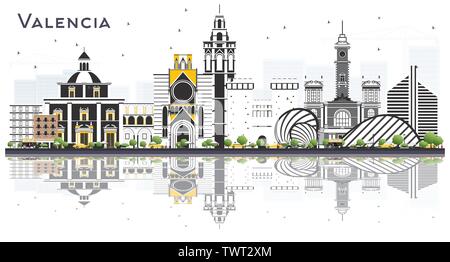 Valencia Spanien Skyline der Stadt mit Gebäuden und Reflexionen isoliert auf Weiss. Vector Illustration. Business Travel und Tourismus Konzept. Stock Vektor