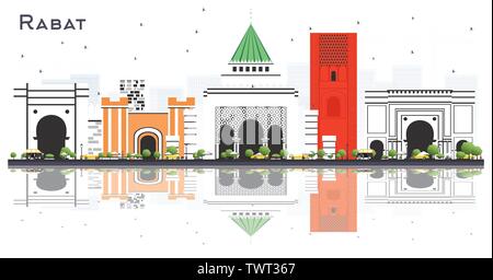 Rabat Marokko Skyline der Stadt mit grauen Gebäuden und Reflexionen isoliert auf Weiss. Vector Illustration. Stock Vektor