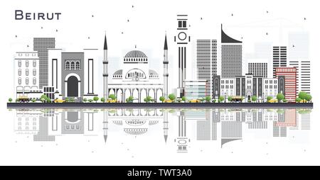 Beirut Libanon Skyline der Stadt mit grauen Gebäuden und Reflexionen isoliert auf Weiss. Vector Illustration. Stock Vektor