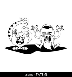 Lustige Monster paar komische Zeichen monochromen Vector Illustration Design Stock Vektor