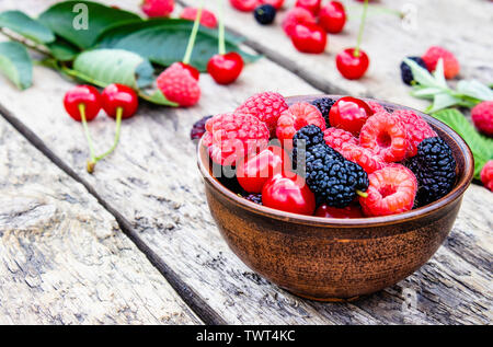 Saftige frische und köstliche Beeren, Kirschen, Himbeeren, Maulbeeren in einer Schüssel auf Holz- Hintergrund. Close-up Stockfoto