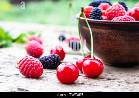 Saftige frische leckere Beeren, Kirschen, Himbeeren, Maulbeeren in einer Schüssel auf Holzbretter auf einem Hintergrund von grünem Gras. Close-up Stockfoto