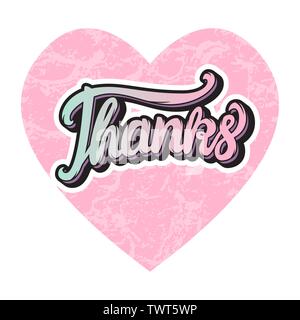 Dank Beschriftung Beschriftung Herz niedliche rosa Form mit Textur. Vektor isoliert auf weißem Hintergrund Stock Vektor