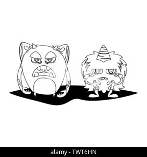 Lustige Monster paar komische Zeichen monochromen Vector Illustration Design Stock Vektor