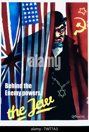Ns-Propaganda des Zweiten Weltkriegs", Hinter den Feindmachten "der Jude". (Aus dem Englischen ins Deutsche übersetzt) Stockfoto