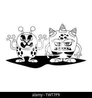 Lustige Monster paar komische Zeichen monochromen Vector Illustration Design Stock Vektor