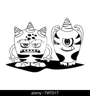 Lustige Monster paar komische Zeichen monochromen Vector Illustration Design Stock Vektor