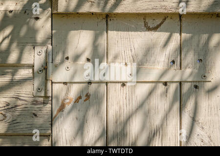 Scharnier gebleicht und gefärbt Holz- gerätehaus Tür. Stockfoto