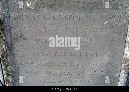 Inschrift auf dem Grab des 18. Jahrhunderts Künstler Thomas Gainsborough im Kirchhof der St. Anna Kirche, Kew, London, England Stockfoto