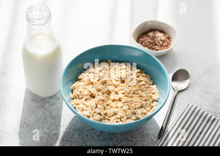 Gesundes Frühstück, Haferflocken Brei in der Schüssel und einer Flasche Milch. Gewichtsverlust, saubere Konzept Essen Stockfoto