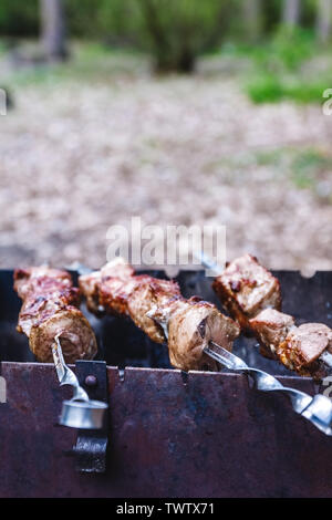 Fleischspieße für Kebab gegrillt n Grill auf der Straße. Stockfoto