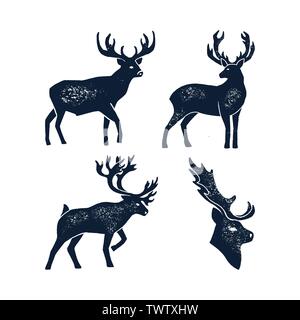 Set Hand zeichnen Rotwild Silhouette Grunge. Vector Illustration eines wilden Tieres Hirsch isoliert auf einem weißen Hintergrund mit einem abgenutzten Textur. Element für Logo, Stock Vektor