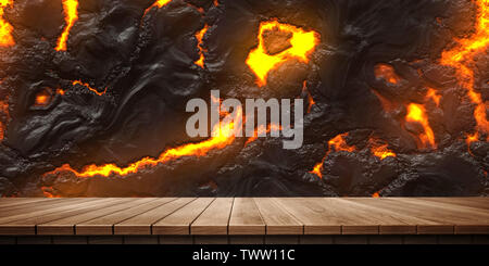 Bunte hölzerne Plattform Hintergrund: Magma und Lava. ( 3D Rendering Computer digital generierte Illustration.) Stockfoto