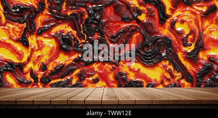 Bunte hölzerne Plattform Hintergrund: Magma und Lava. ( 3D Rendering Computer digital generierte Illustration.) Stockfoto