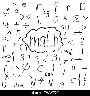Mathematische handdrawn Doodle grundlegende Zeichen auf weißem Hintergrund. Vector Illustration. Stock Vektor
