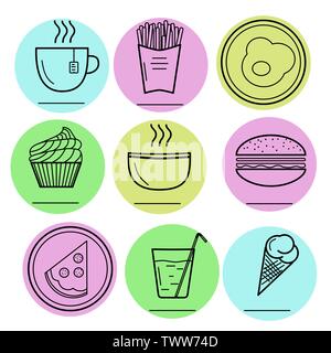 Vector Illustration von Lebensmitteln Symbole. Hamburger, Spiegelei, Pizza, Platte, heiße Suppe, Tee, Eis, Kuchen, Pommes frites, Mineralwasser, Glas, Becher Stock Vektor