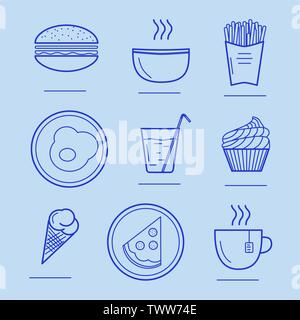 Vector Illustration von Lebensmitteln Symbole. Hamburger, Spiegelei, Pizza, Platte, heiße Suppe, Tee, Eis, Kuchen, Pommes frites, Mineralwasser, Glas, Becher Stock Vektor