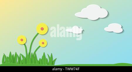 Papier Art. Vector Abbildung: Sommer Tag mit Wolken, grünes Gras und gelben Blumen. Kann für Tapeten verwendet werden, musterfüllungen, Webseite hinterg Stock Vektor