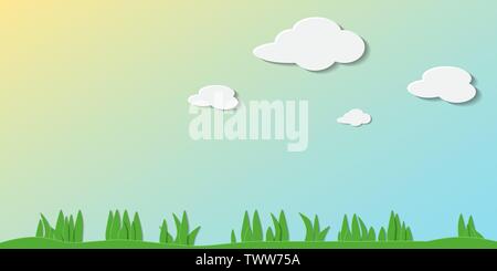 Papier Art. Vector Abbildung: Sommer Tag mit Wolken, grünes Gras und gelben Blumen. Kann für Tapeten verwendet werden, musterfüllungen, Webseite hinterg Stock Vektor