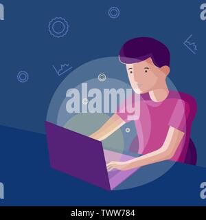 Die Person, die an einem Tisch mit dem Laptop zu sitzen. Flat Style Farbe moderne Vector Illustration. Eps 10. Stock Vektor