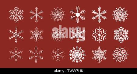 Satz von verschiedenen leuchtenden Schneeflocken Symbol auf einem roten Hintergrund. Vector Illustration. Eps 10. Stock Vektor