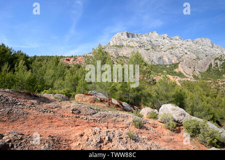 Ocker, Ocker oder Sandstein Aufschlüsse an den südlichen Hängen des Mont Sainte-Victoire Berg in der Nähe von Aix-en-Provence Provence Frankreich Stockfoto