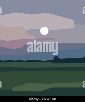 Vollmond am späten Abend bewölkten Himmel über der grünen Wiese, Minimalismus in der Natur. Cartoon grünes Feld unter der weissen Mond Stockfoto