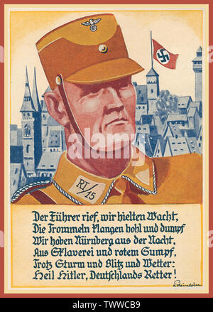 Vintage Nazi Propaganda Poster Postkarte 1933, "Nsdap-Tag 1933" Nürnberg Hakenkreuzfahne Fliegen' Reich Party Rally 1933'' Kopfbild SA-Mann" und sagen: "Der Führer genannt, beobachten wir gehalten...". "Nürnberg 2.9.33'. "Heil Hitler Germanys Retter' Stockfoto