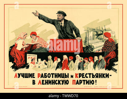 Jahrgang 1925 Lenin russisch-sowjetischen Propagandaplakat "Die besten Arbeiterinnen und Bäuerinnen in der Lenin Party!" Leningrad State Leningrad Verlag 1925 Leningrad: Lithographie, V. D. Goryunov. Farblithographie UDSSR Stockfoto